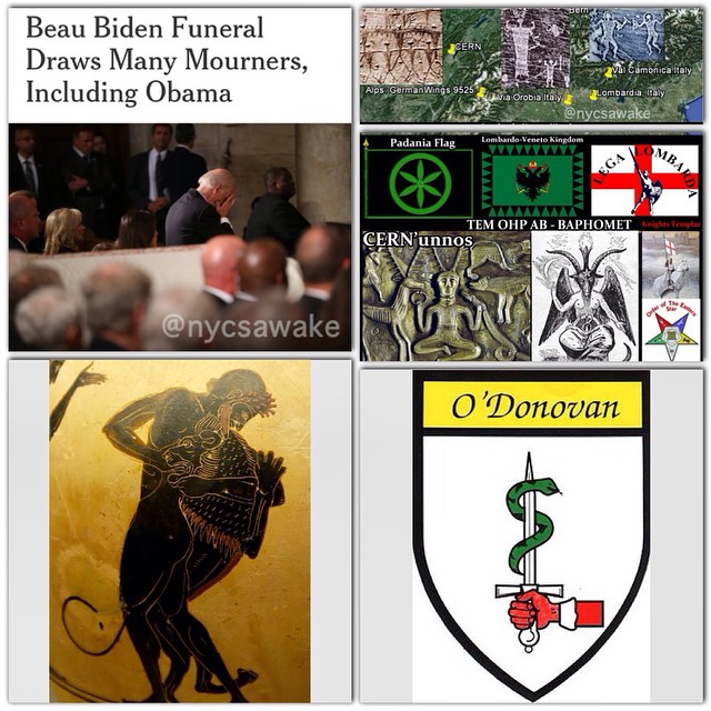 #Ephesians6:12 For we wrestle not against flesh and blood, but against principalities, against powers, against the rulers of the darkness of this world, against spiritual wickedness in high places Top politicians and dignitaries are among the hundreds of mourners at the packed funeral for #BeauBiden, the oldest son of Vice President #JoeBiden. “How do you say goodbye to the finest young man anybody has ever known?” Father Leo O’Donovan asked at Saturday’s service. Leo: Represents Lion slain by Hercules O’Donovan means: “Son of the Dark One” Beau Biden died of brain cancer a week ago at age 46. President Barack #Obama was chosen to deliver his eulogy. The former Delaware attorney general’s surviving siblings will also speak. #Coldplay lead singer Chris Martin will perform at the service, which is taking place at St. Anthony of Padua Roman Catholic Church in Wilmington, Delaware. He volunteered after hearing through a family friend that Beau loved his band, the White House said. Gen. Ray Odierno, the former top U.S. commander in Iraq where Beau was deployed, talked about the bond he formed with Beau when they served together, and described Beau’s “natural charisma” that put other soldiers, Delaware residents, and people across the nation at ease around him. “Beau possessed the traits I have witnessed in only the greatest leaders,” Odierno said. “Beau was a soldier and a dear friend and also someone I greatly admired.” #Valcamonica #CERN #Cernunnos #Baphomet #EasternStar #KnightsTemplar #Serpent #Awake #Conscious #spiritualwarfare #God #YAH #Love #Faith #OneLove